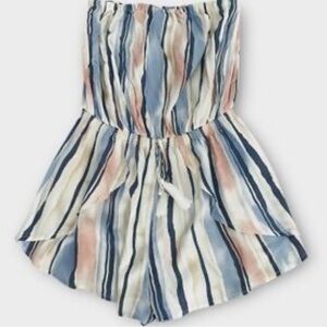 Ocean Drive Blue & Pink Striped Strapless Skort Romper Smocked Waist Tassel Tie